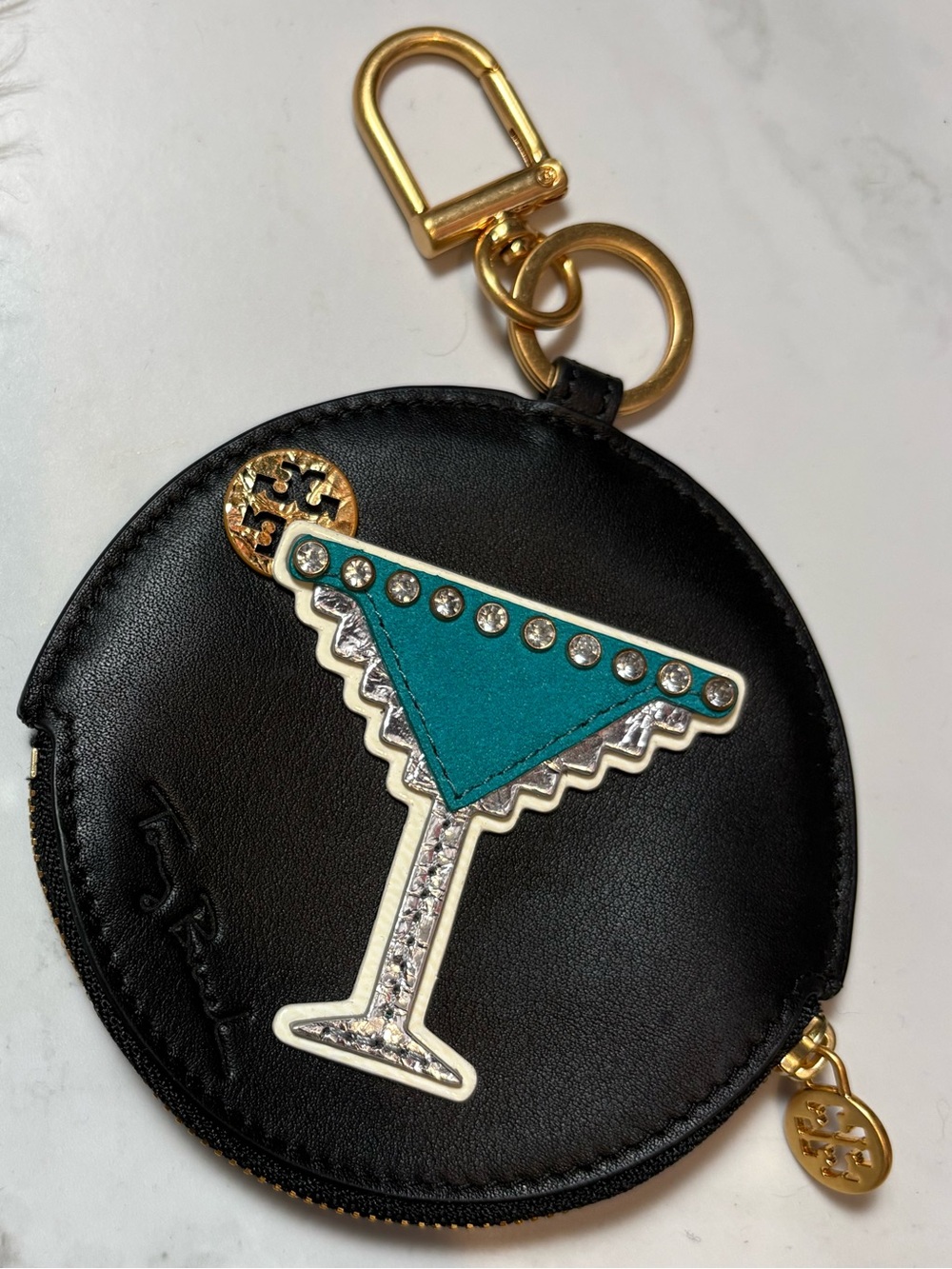 Tory Burch leather martini coin case key fob in black gold